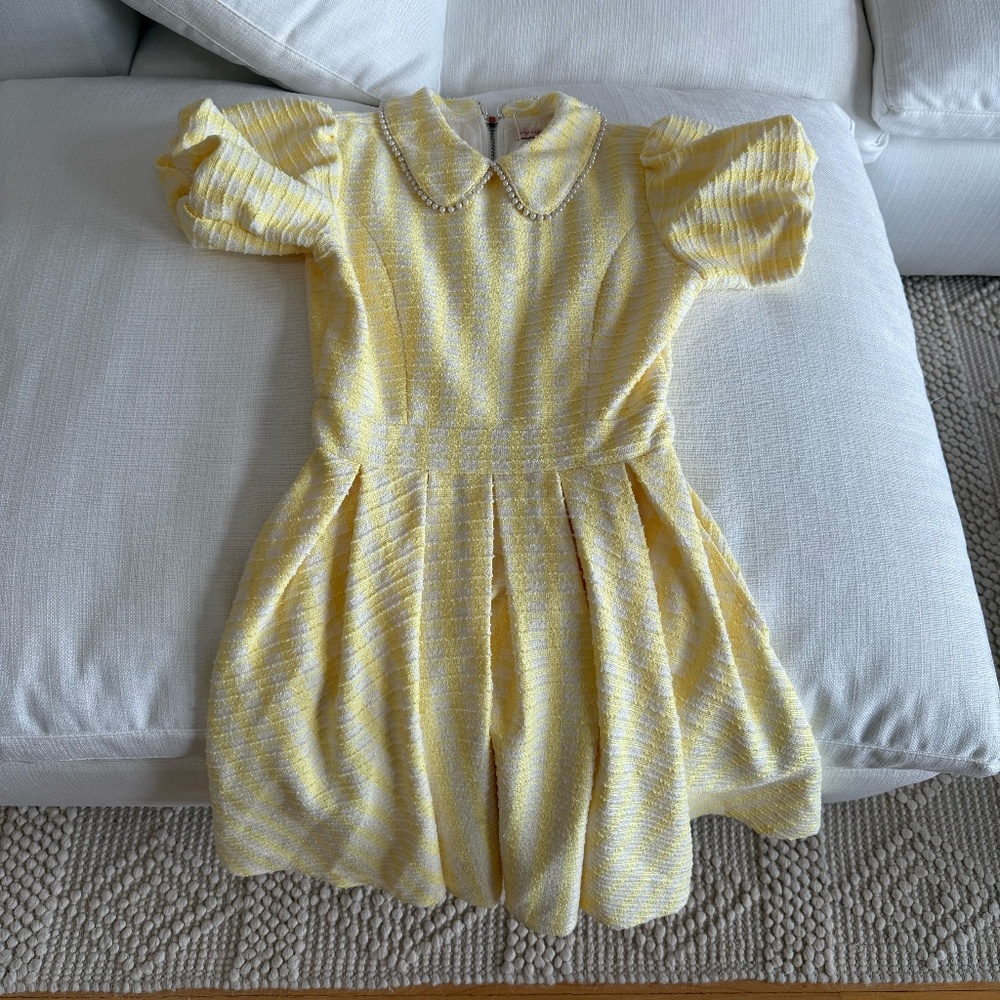 Ivy City Mini Celine Dress Yellow Puff Sleeve Fit And Flare Tweed Size XS
